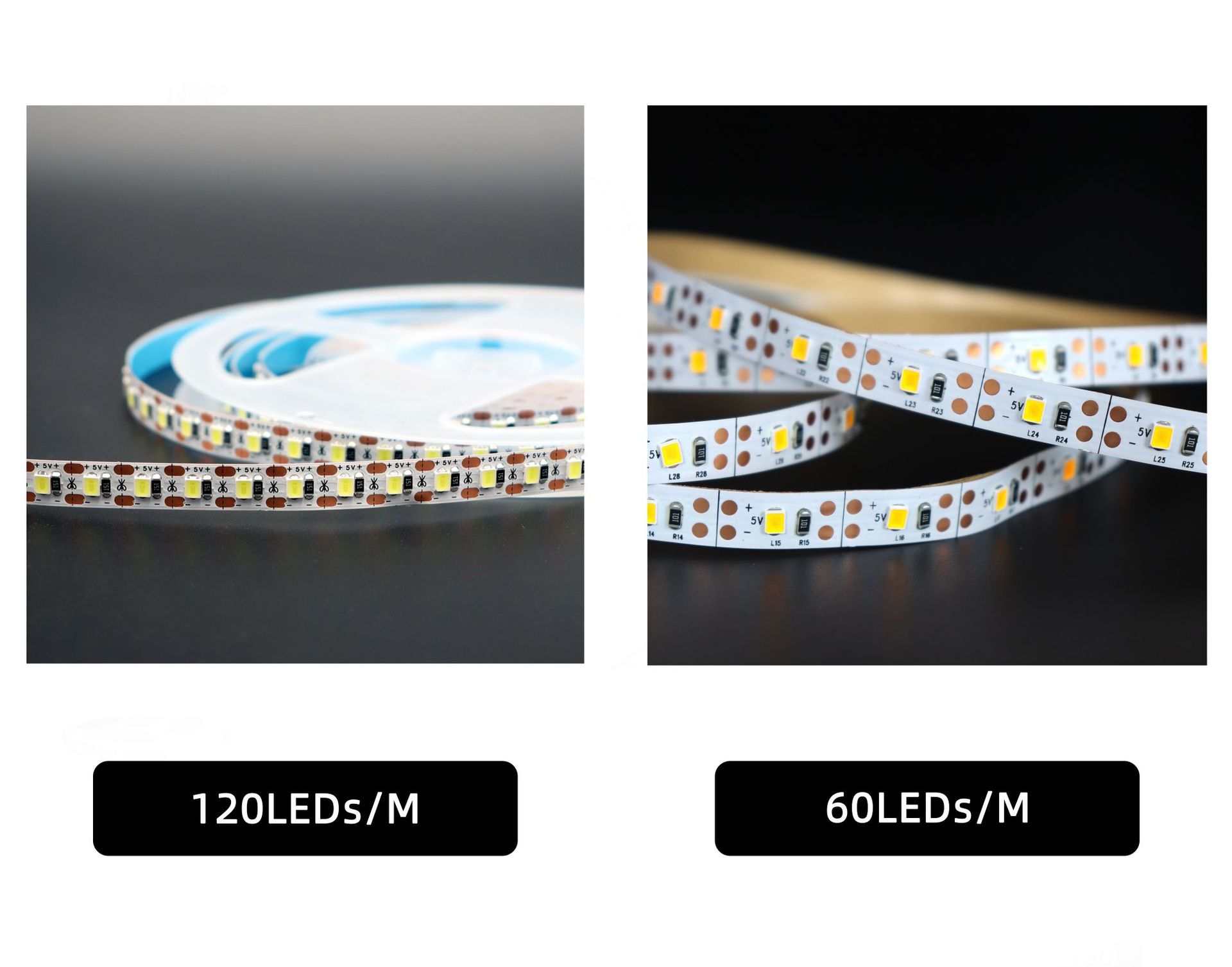 Side-by-side views of 120 and 60 LEDs per metre LED strips