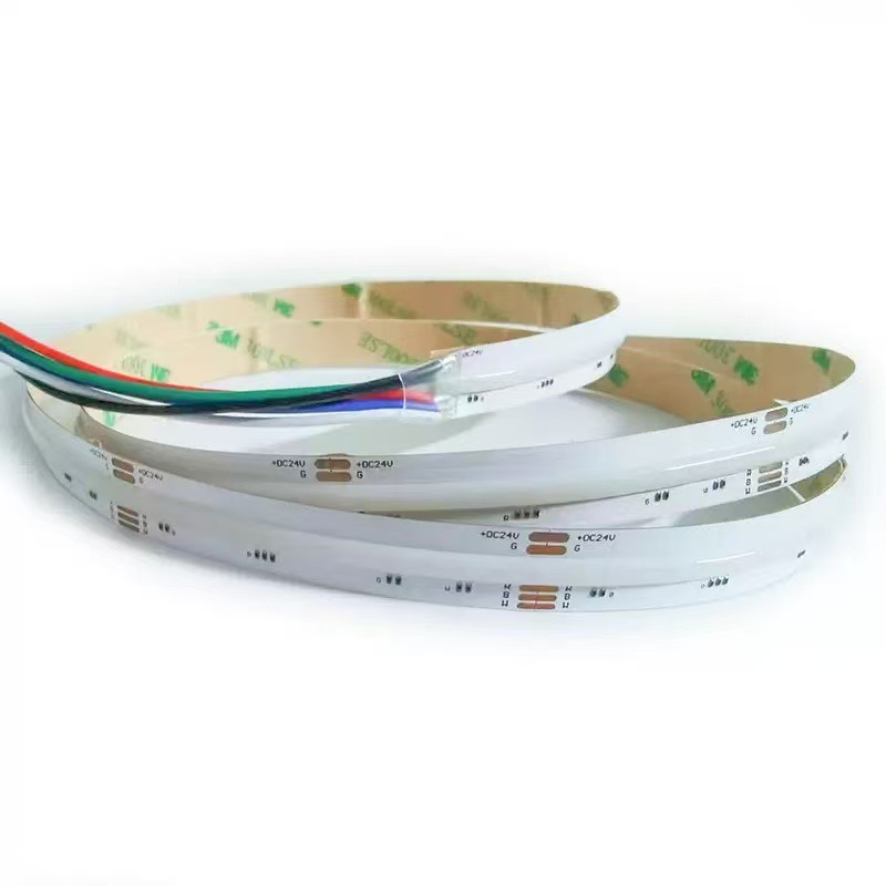 RGB COB strip with four-conductor lead on a white background