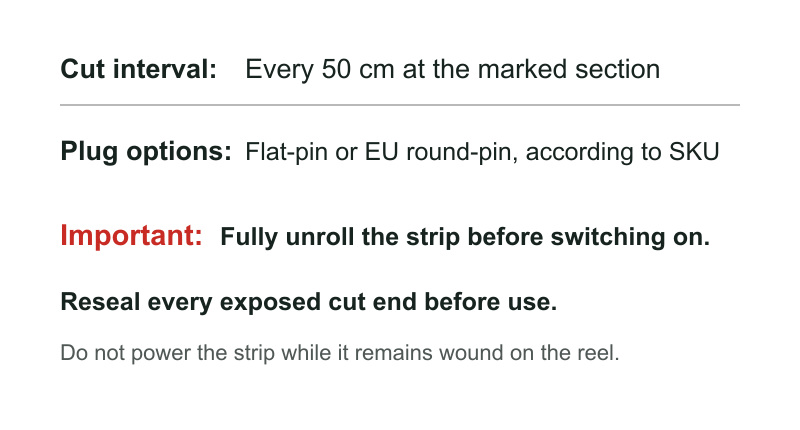 Cut interval, plug options and safe power-up guidance for the COB strip