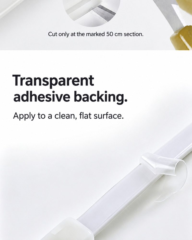 Transparent adhesive backing being peeled from a COB strip