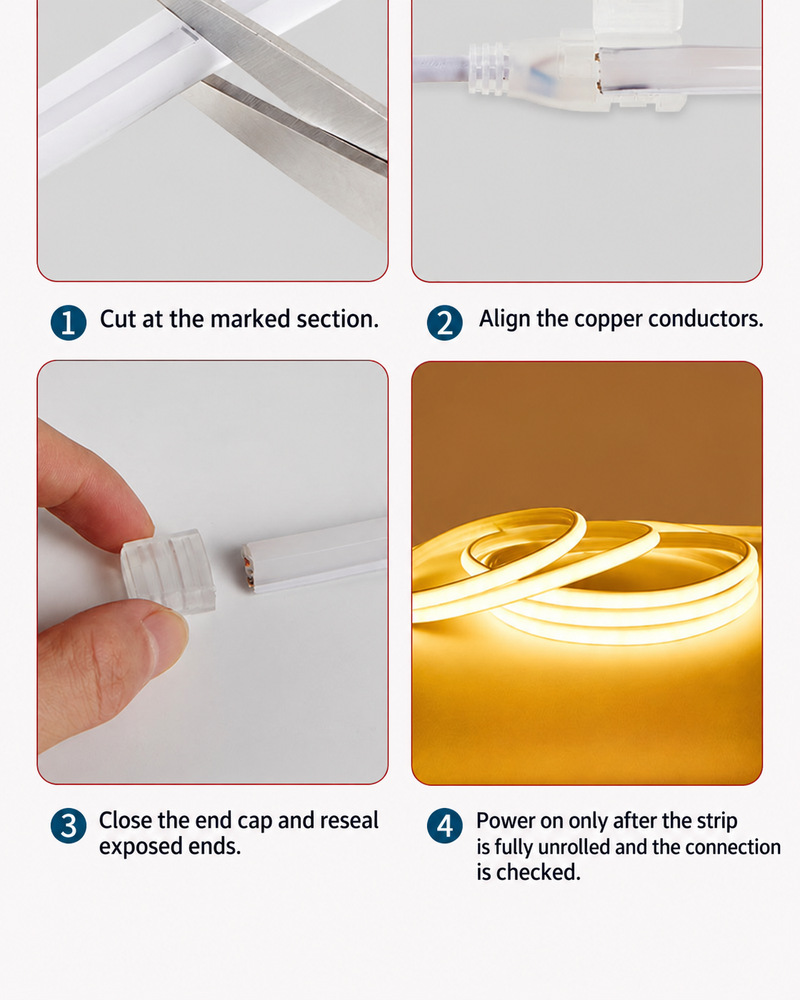 Four-step COB strip connector and end-sealing sequence