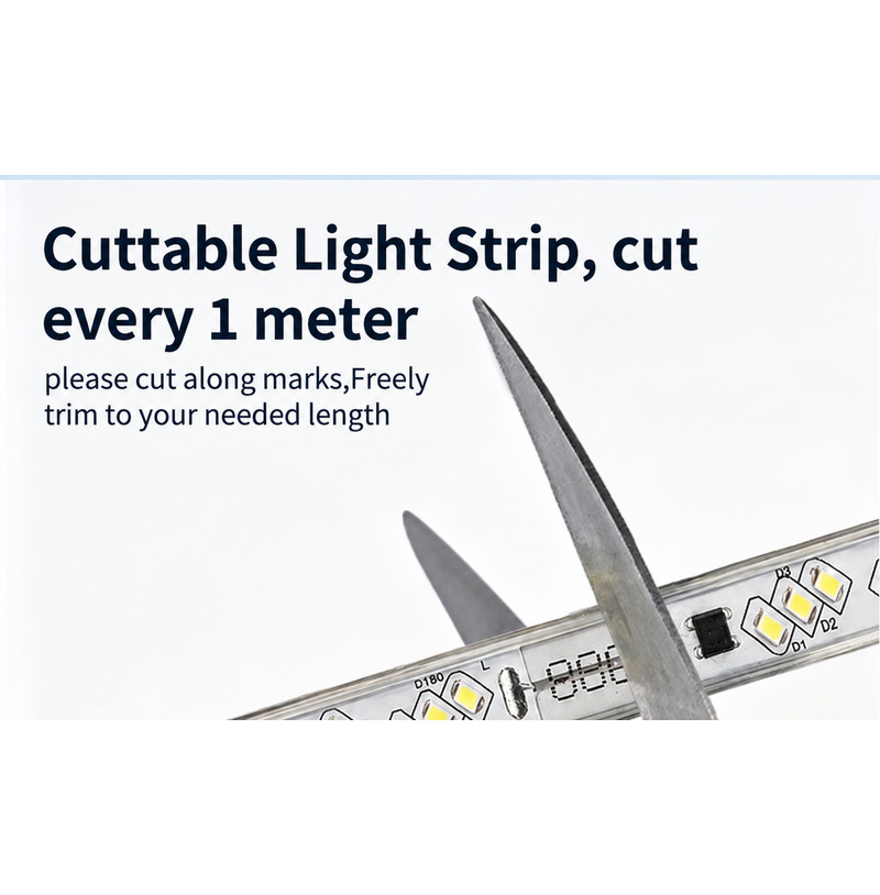 Scissors aligned with the marked cut line on the LED strip