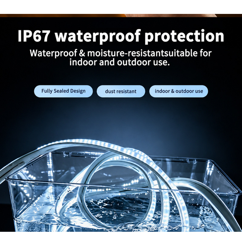 Encapsulated LED strip shown in a wet-environment detail