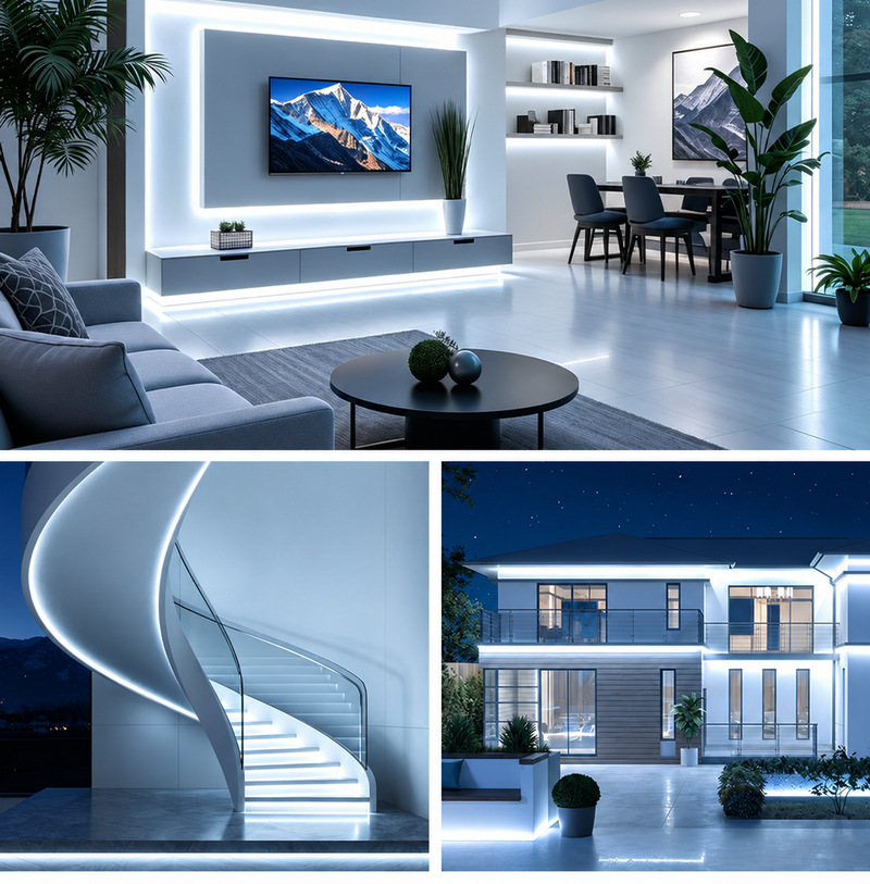 Cool-white linear lighting in living, stair and exterior architecture scenes