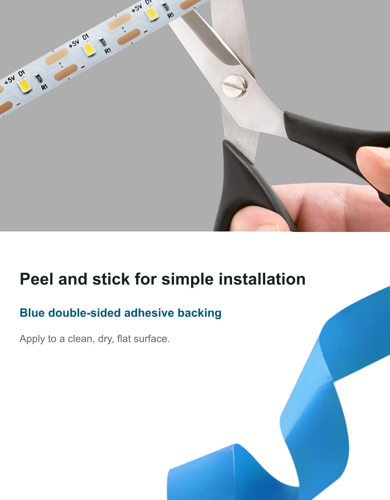 Adhesive backing being peeled from a flexible LED strip
