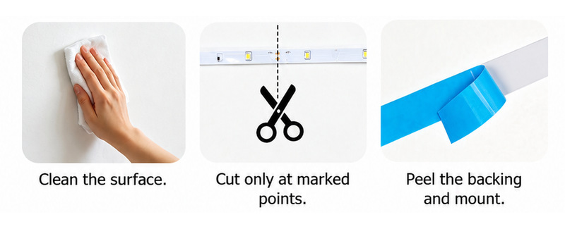 Three-step installation sequence for the adhesive-backed strip