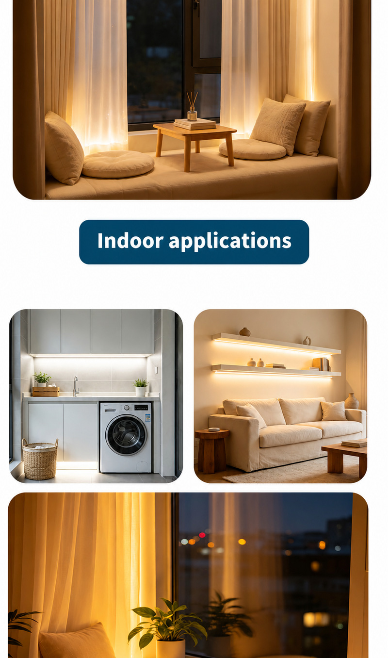 Indoor under-cabinet, shelf, living-room and curtain-edge lighting