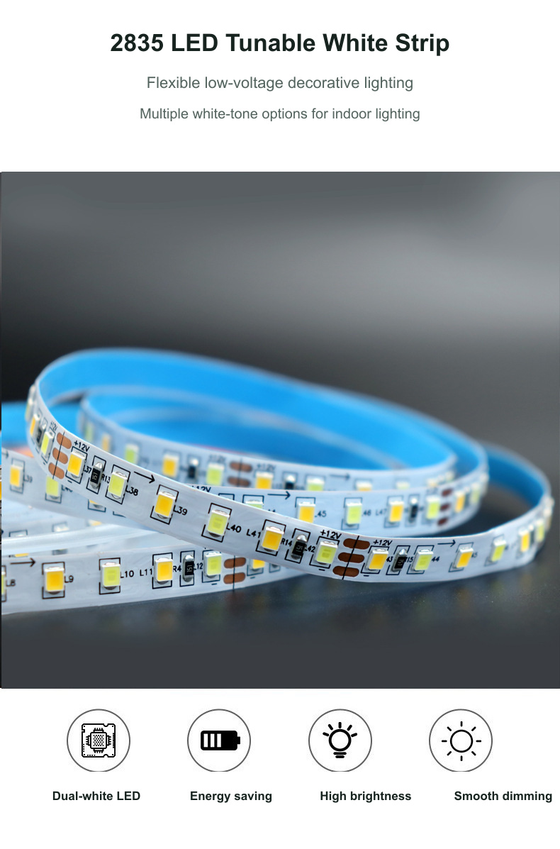 Flexible dual-white LED strip construction with translated feature summary