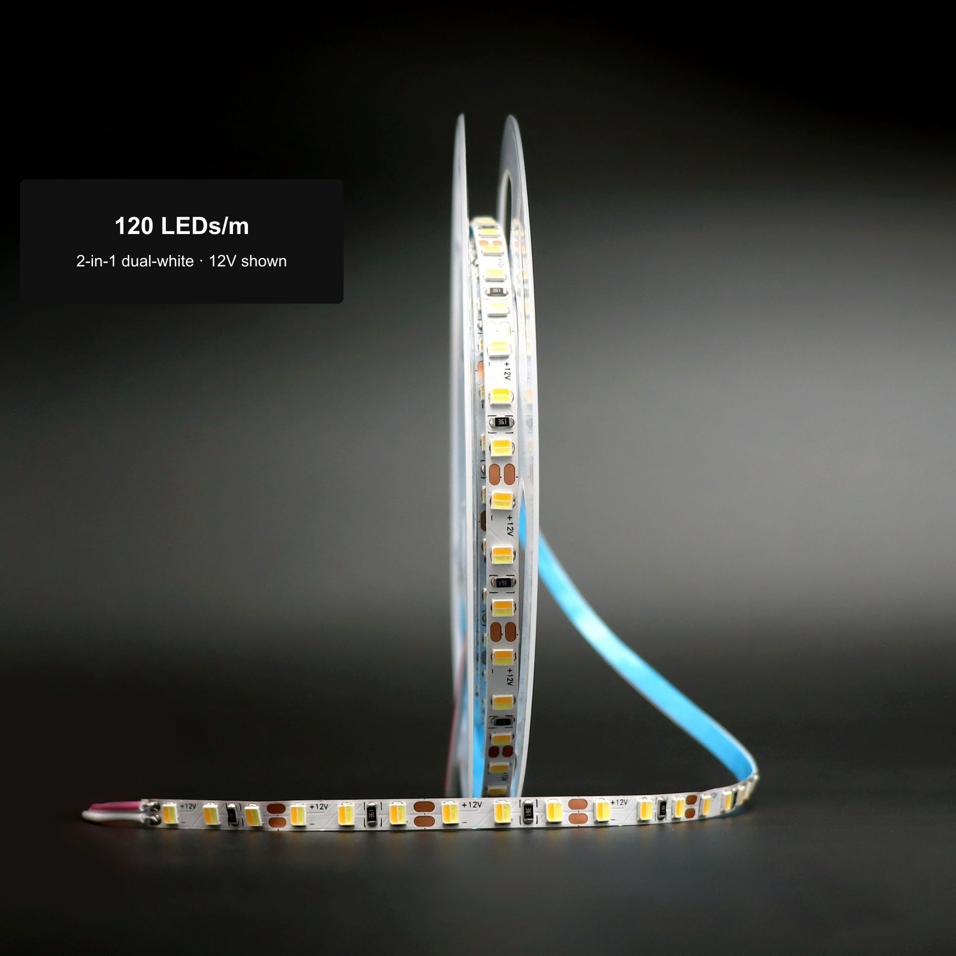 Side view of a 12V two-in-one dual-white LED strip