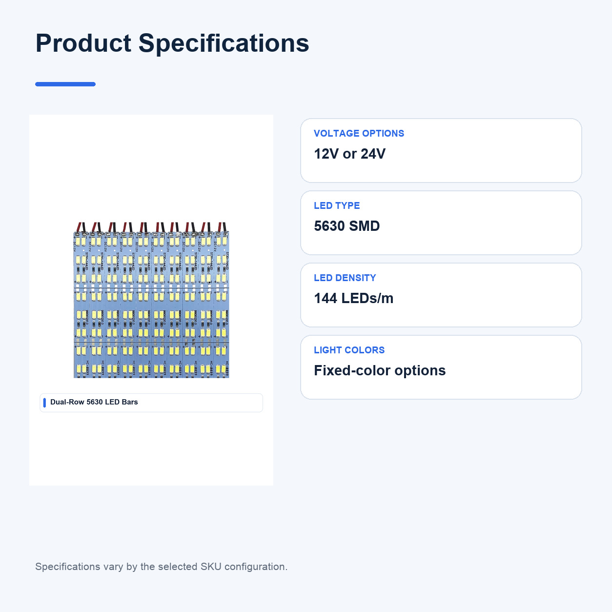 Product specifications for 12V 5630 Dual-row Rigid LED bars