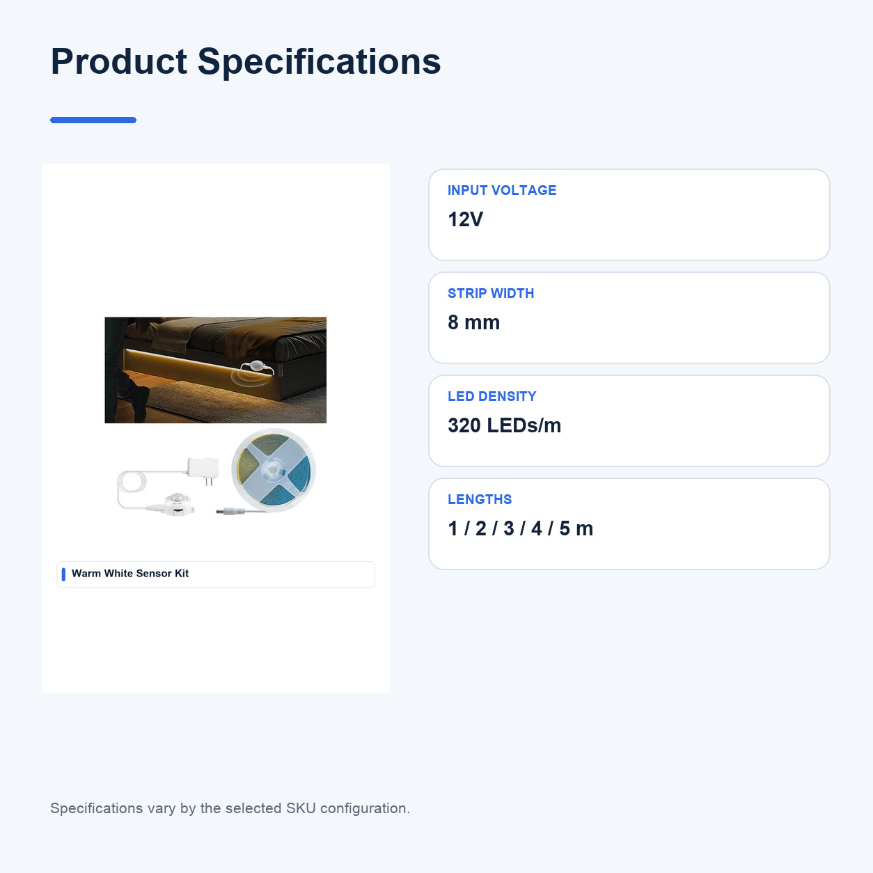 Product specifications for 12V COB Motion sensor LED strips