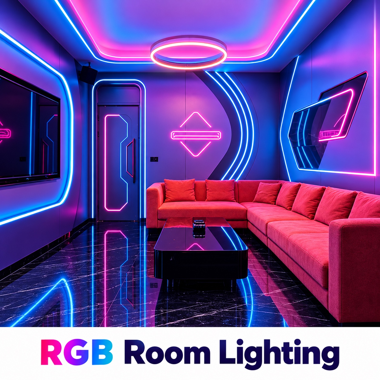 Cyan and pink RGB neon room lighting effect, ULT-80096E69