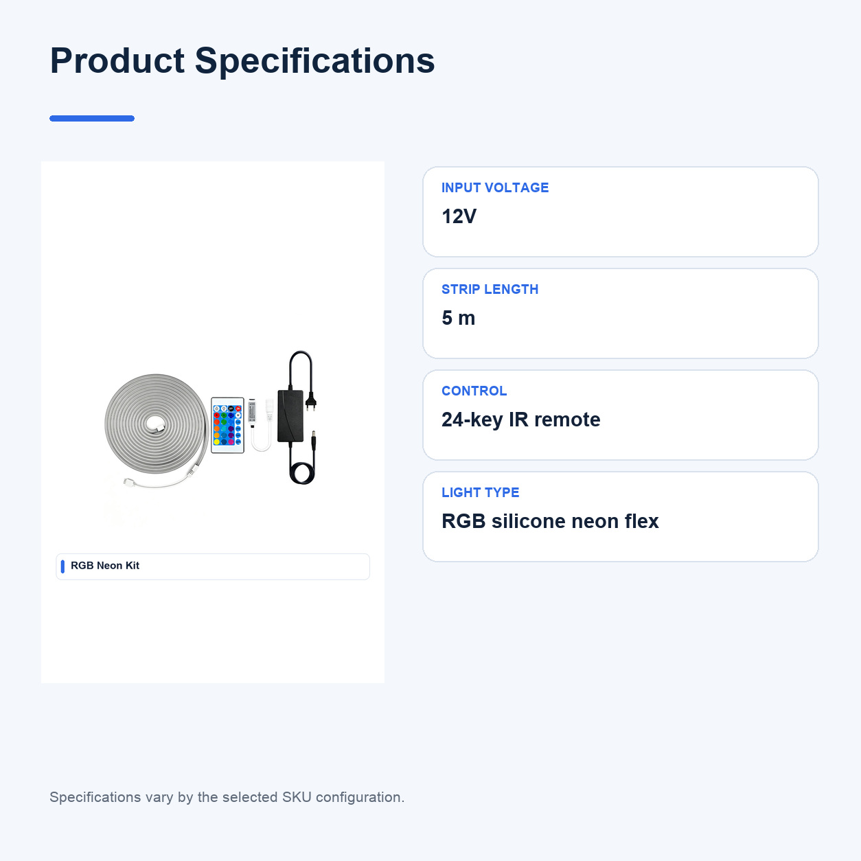 Product specifications for 12V RGB LED neon flex