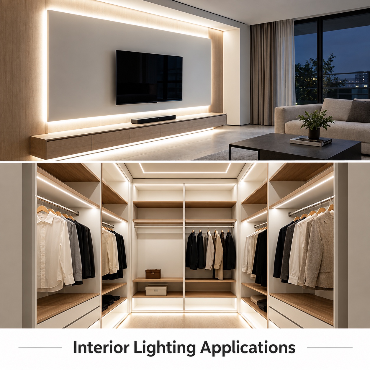 Interior LED strip lighting applications in a media wall and walk-in closet, ULT-5A801857