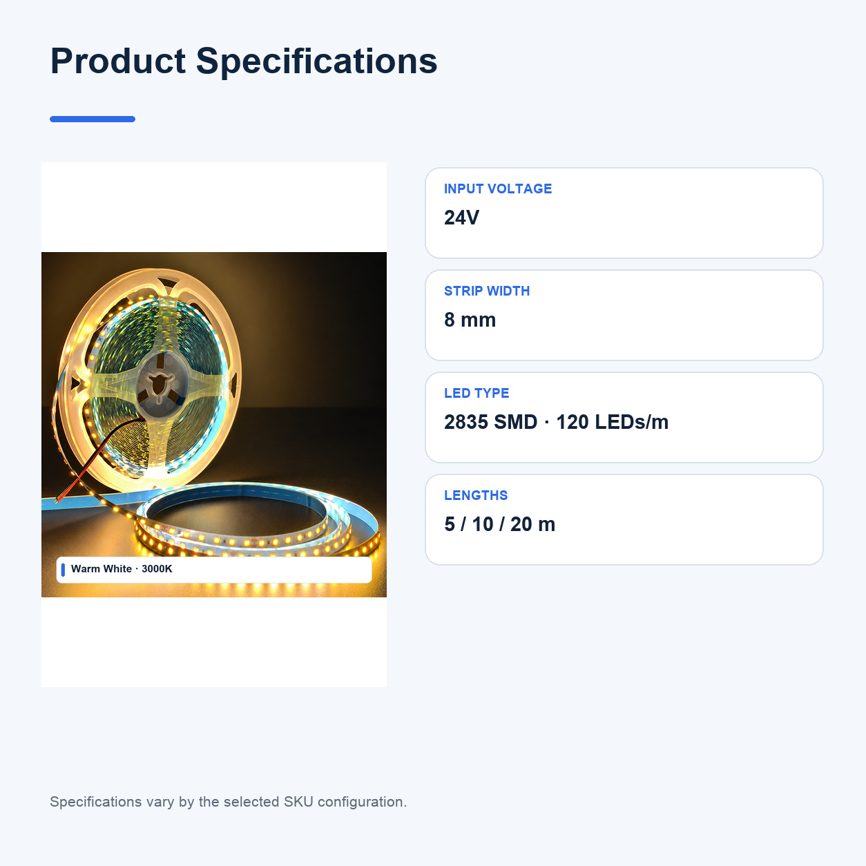 Product specifications for 24V 8MM 2835 SMD and flexible LED strips