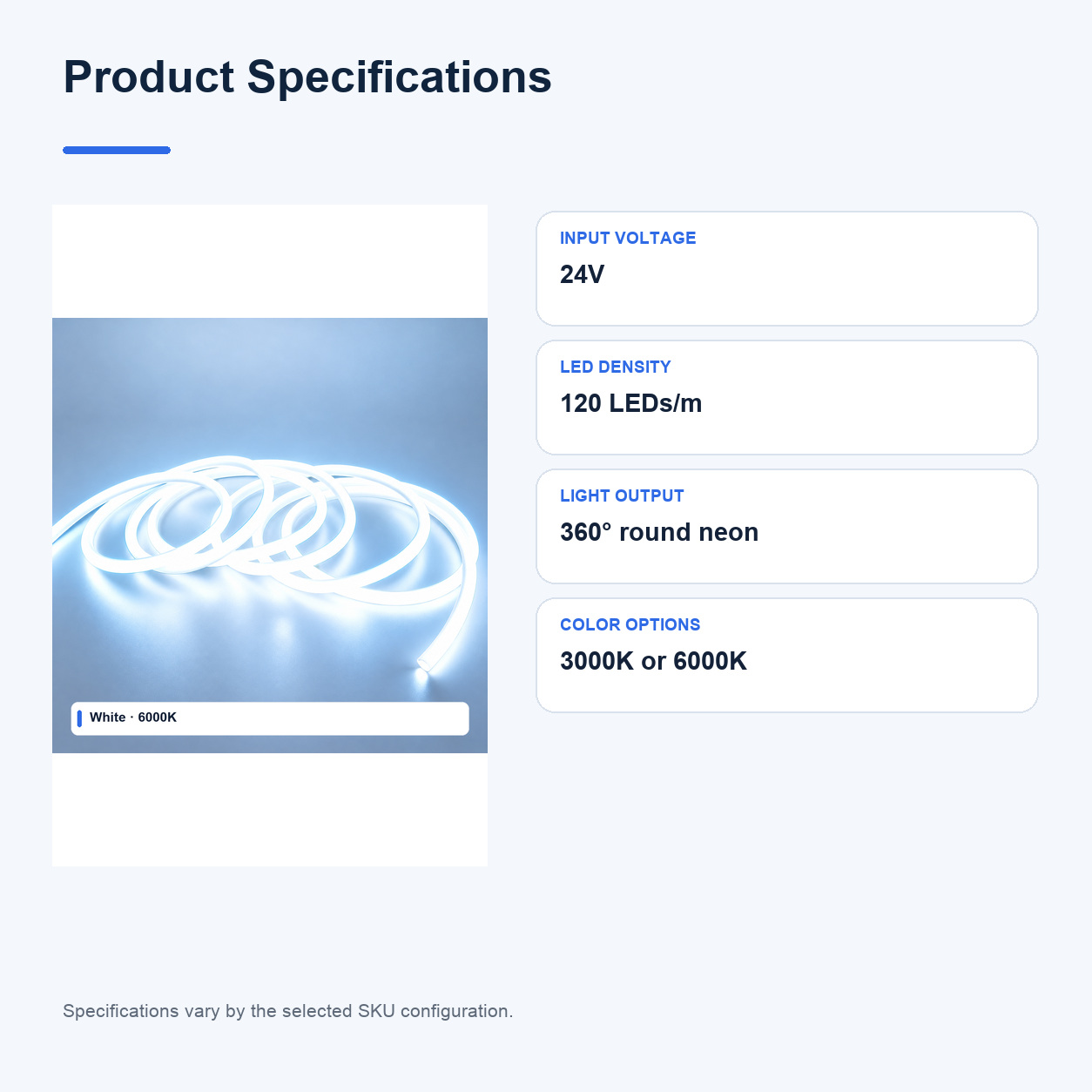Product specifications for 24V 360° Round LED neon flex