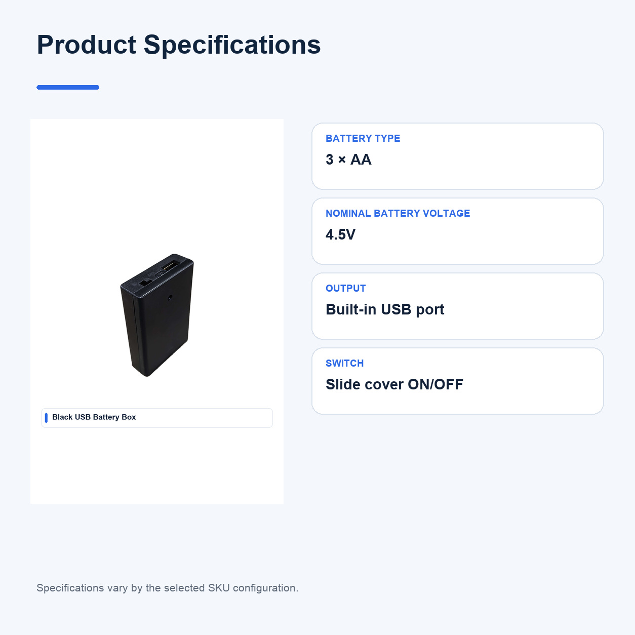 Product specifications for 4.5V USB Battery boxes
