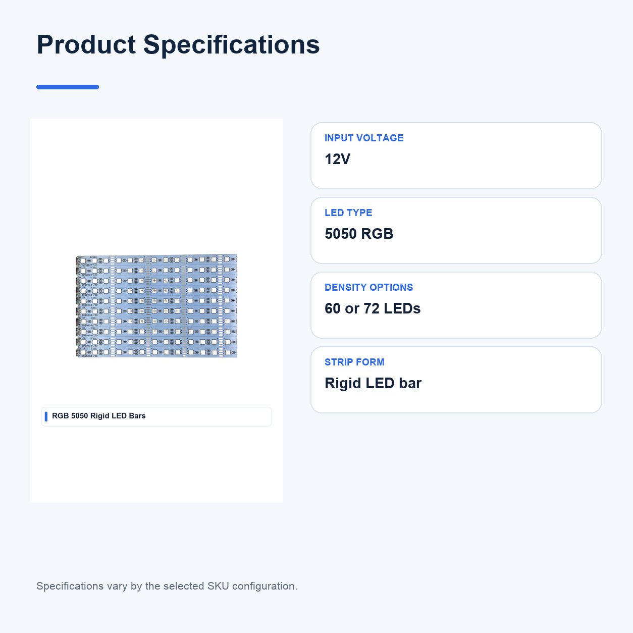Product specifications for RGB 5050 Low-voltage Rigid LED bars