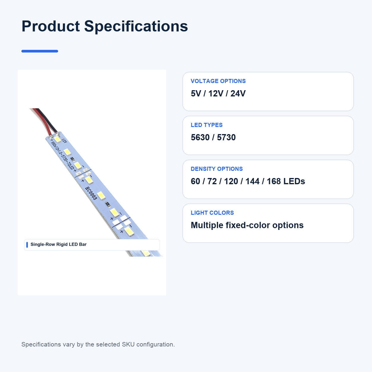 Product specifications for 5V 5630 Low-voltage Rigid LED bars
