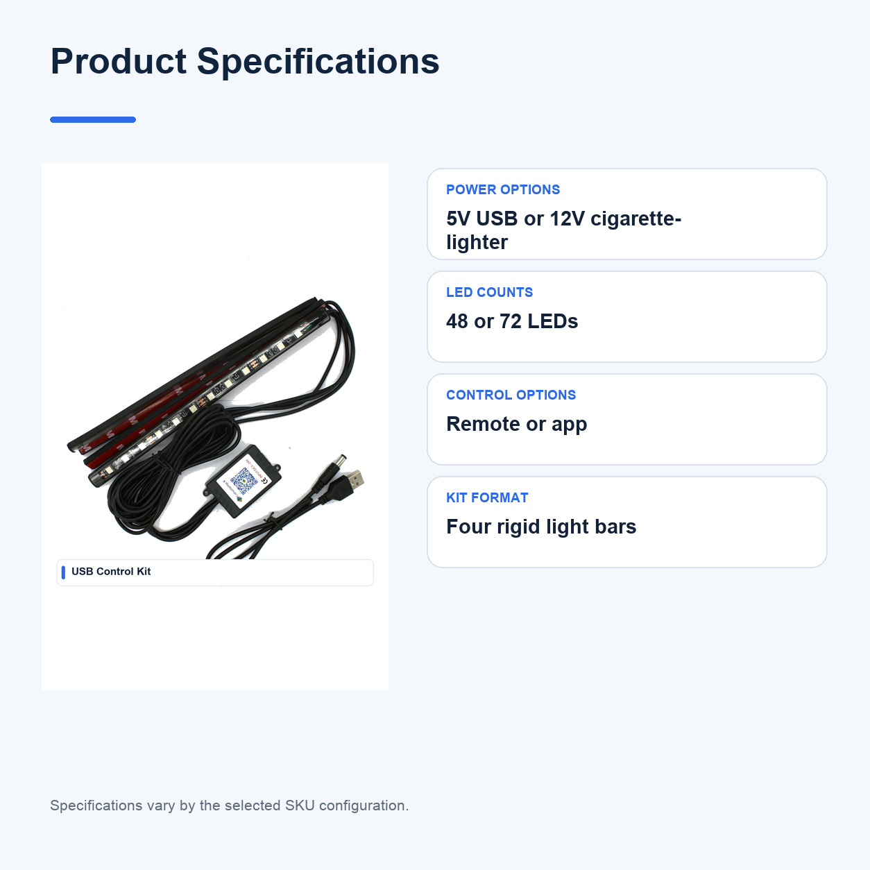 Product specifications for 5V Automotive ambient lighting kits