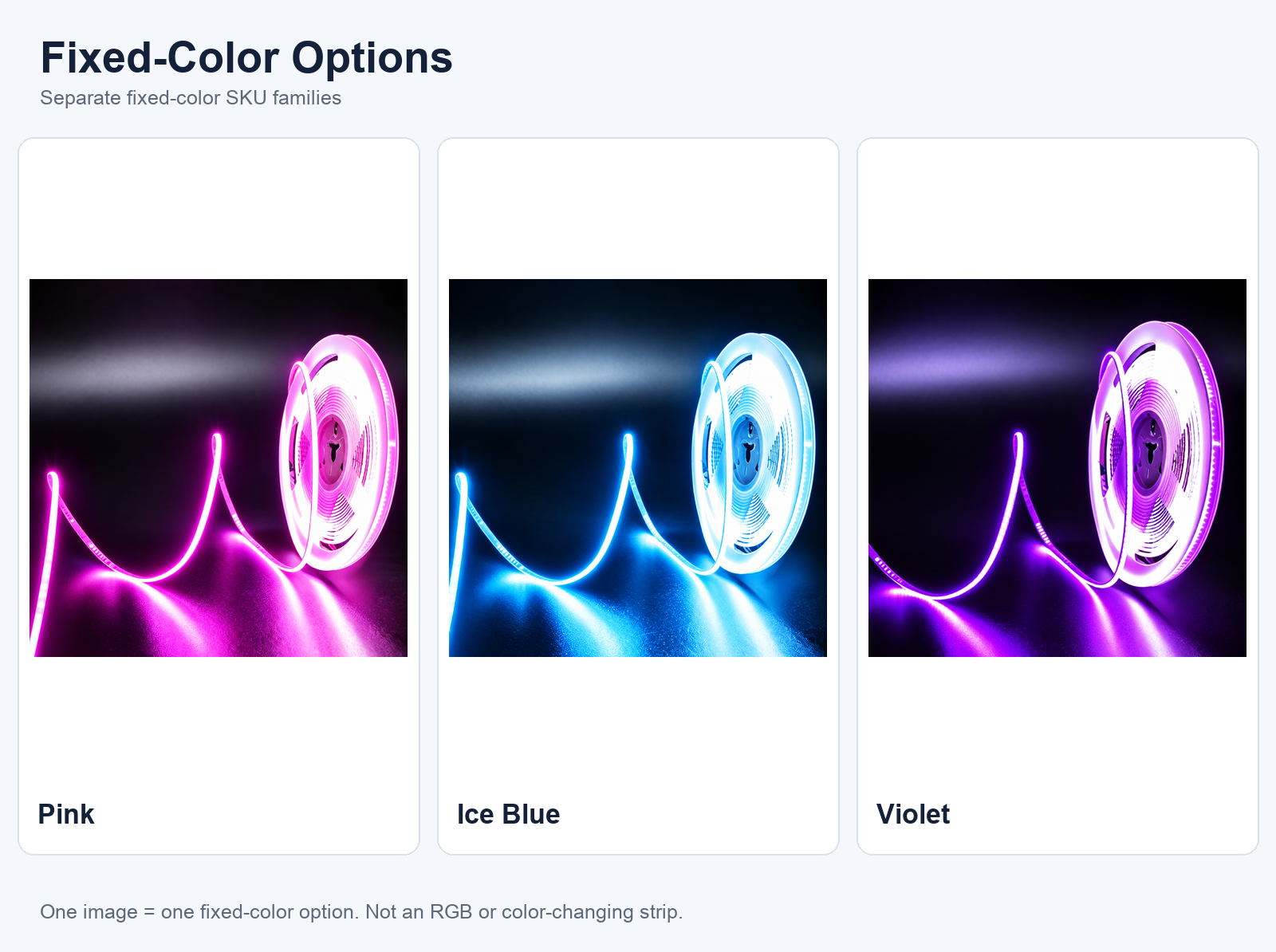 5V USB COB LED strips — 05 fixed colors pink ice blue violet