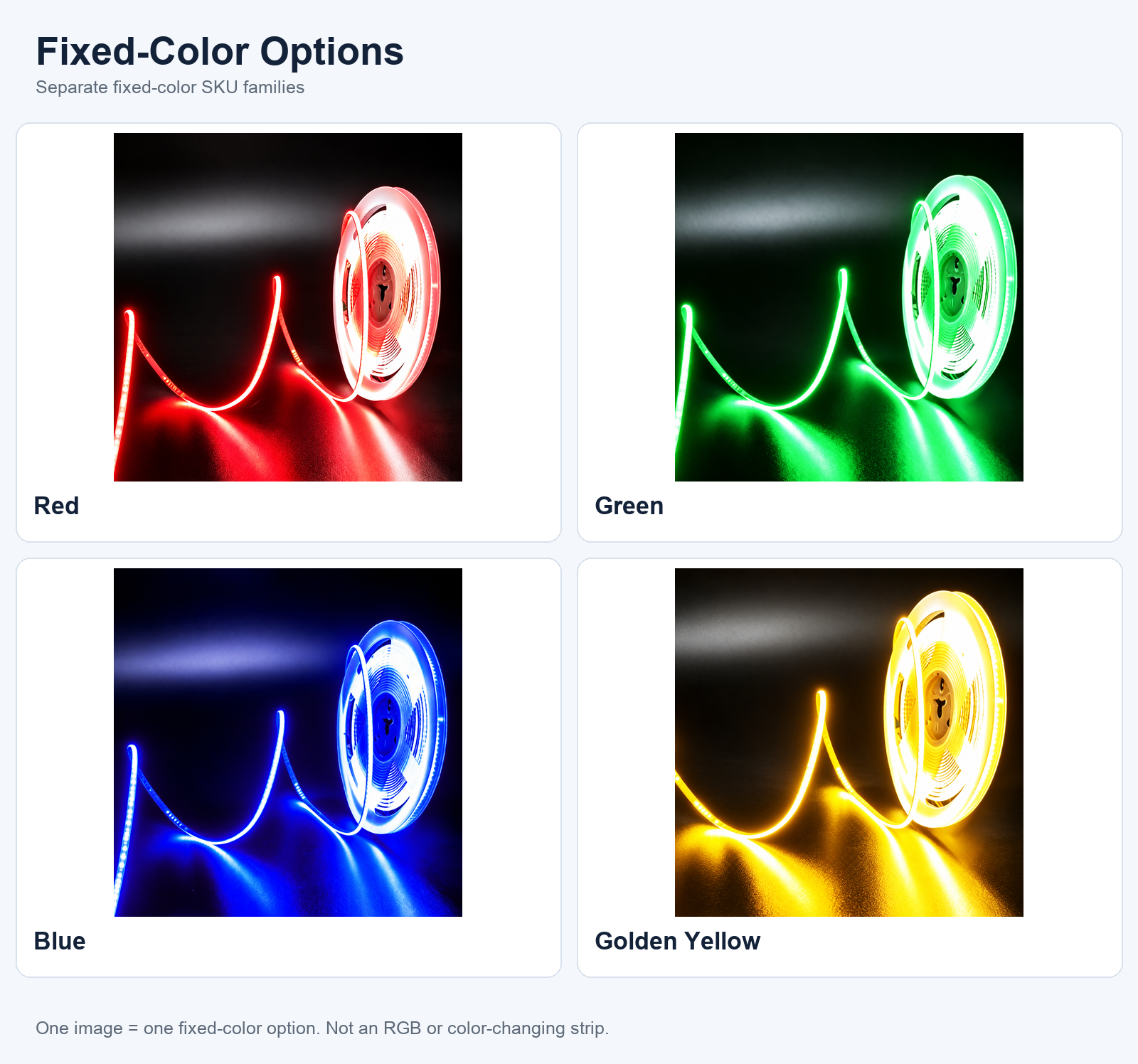 5V USB COB LED strips — 04 fixed colors red green blue golden