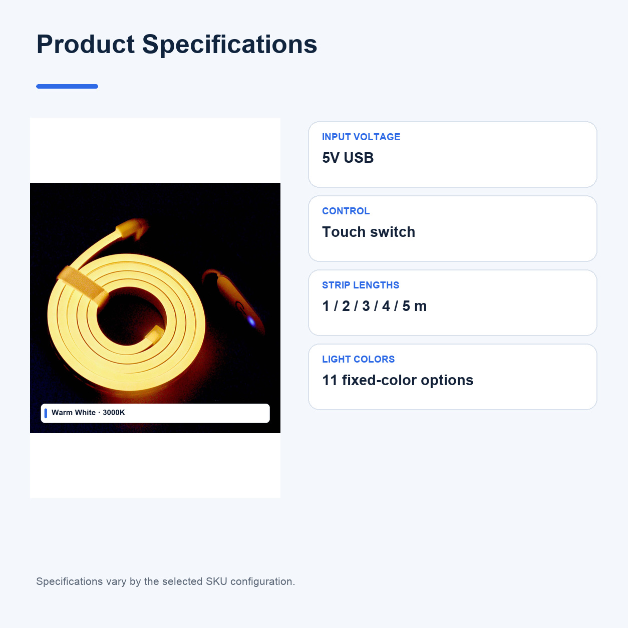 Product specifications for 5V USB Low-voltage LED neon flex