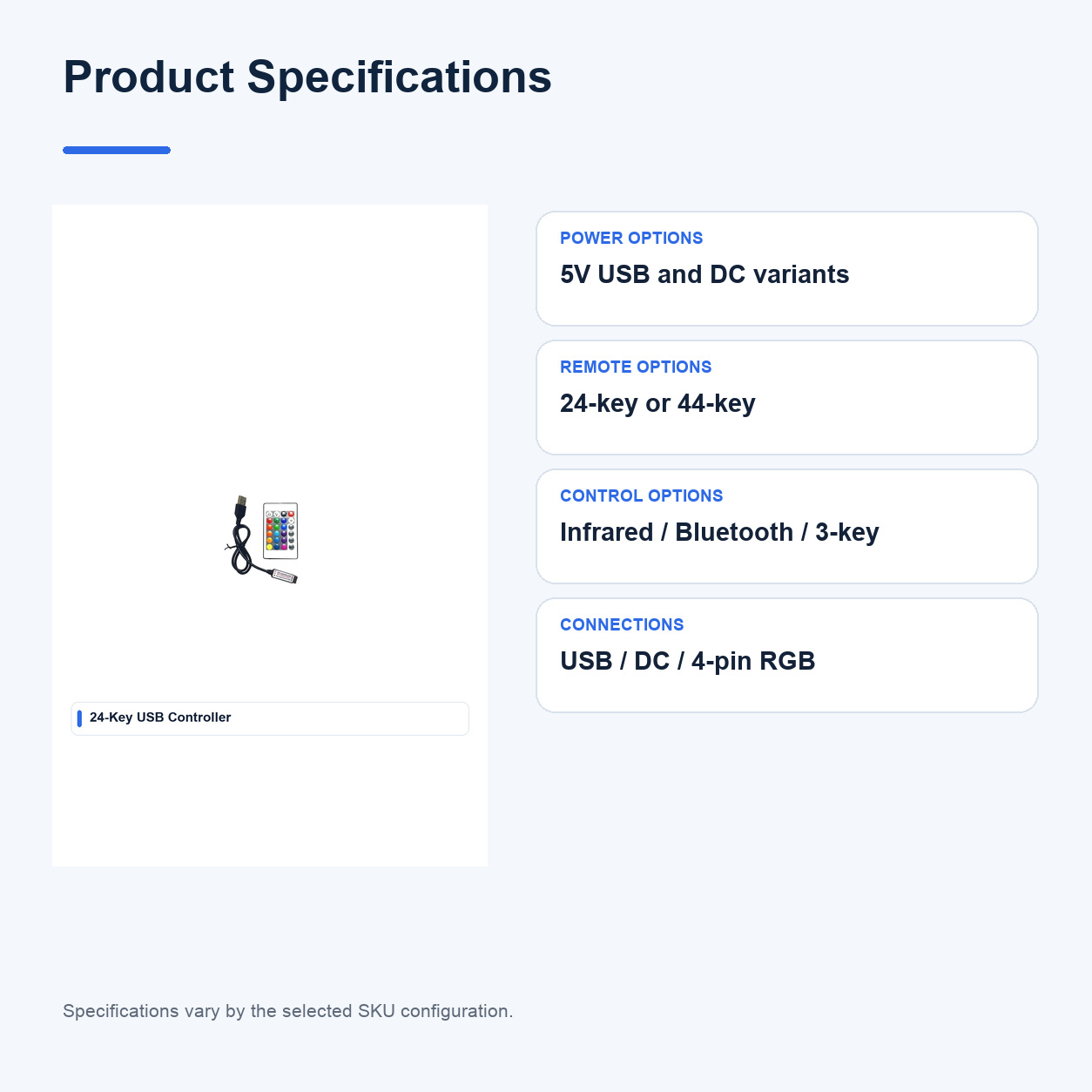 Product specifications for 5V RGB Dimmable LED strip controllers