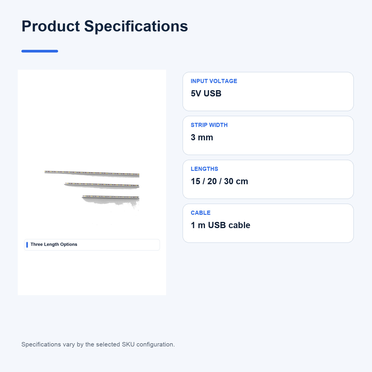 Product specifications for 5V USB 3MM Light boards and illuminated bases