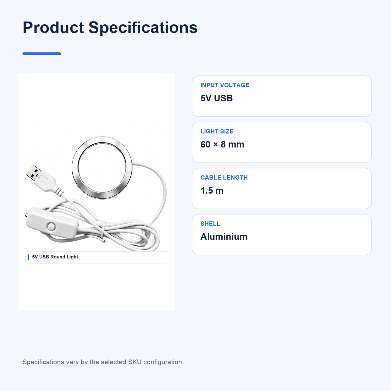 Product specifications for 5V USB Round Light boards and illuminated bases