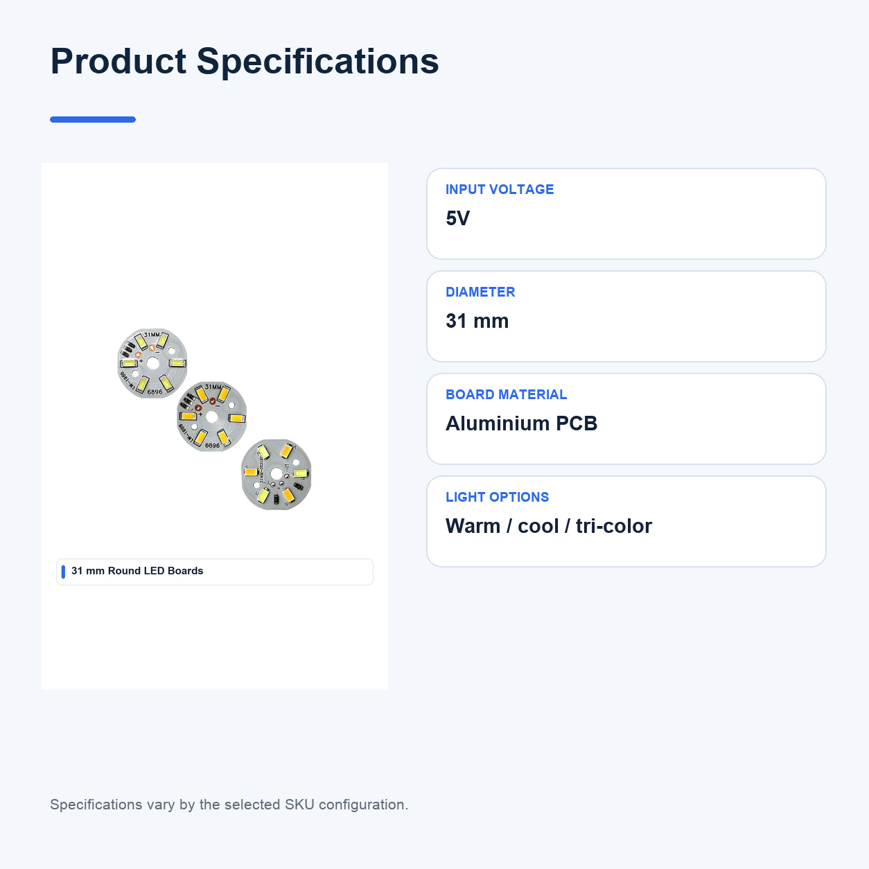 Product specifications for 5V 31MM Round Light boards and illuminated bases