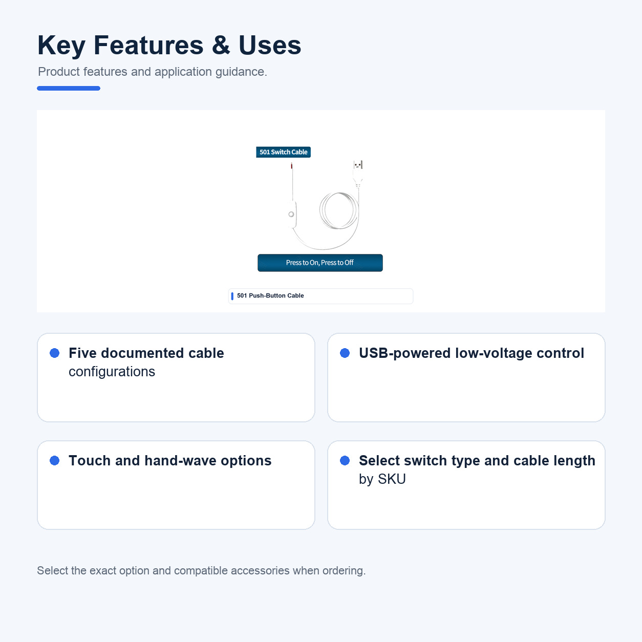 Key features and uses of 5V USB Low-voltage Switch and control cables