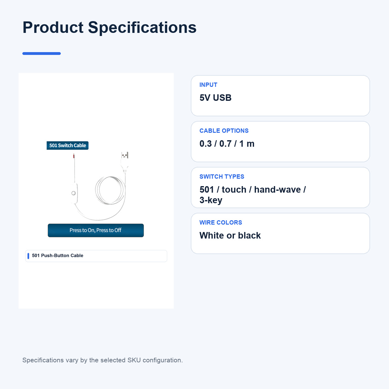 Product specifications for 5V USB Low-voltage Switch and control cables