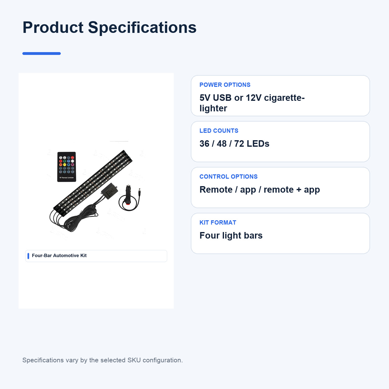 Product specifications for RGB Automotive ambient lighting kits