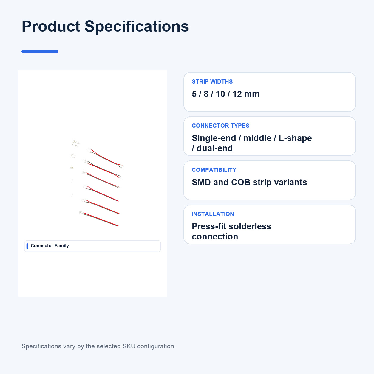 Product specifications for COB Low-voltage Connectors and cables