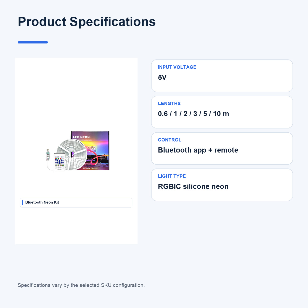 Product specifications for Sound-control Bluetooth LED neon flex