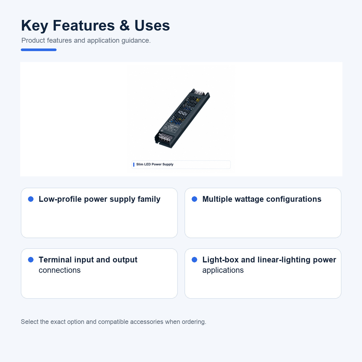 Key features and uses of Slim Power-supply LED power supplies and adapters