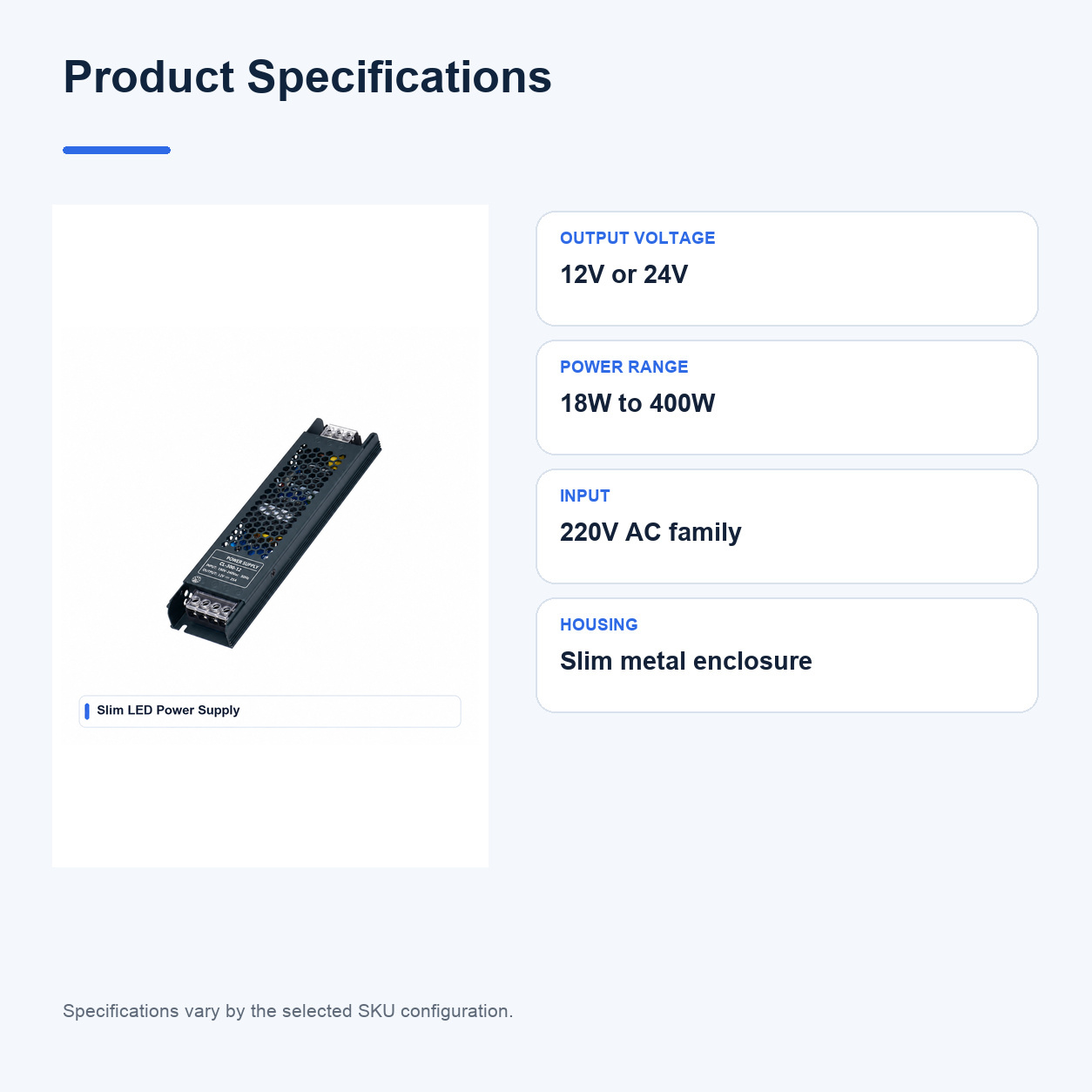 Product specifications for Slim Power-supply LED power supplies and adapters