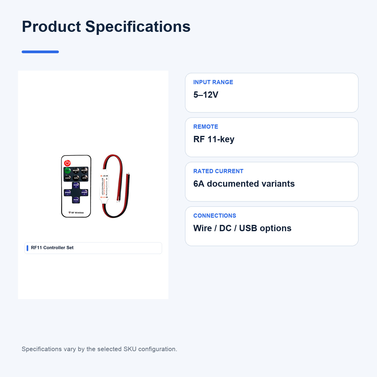 Product specifications for RF11 Dimmable LED strip controllers