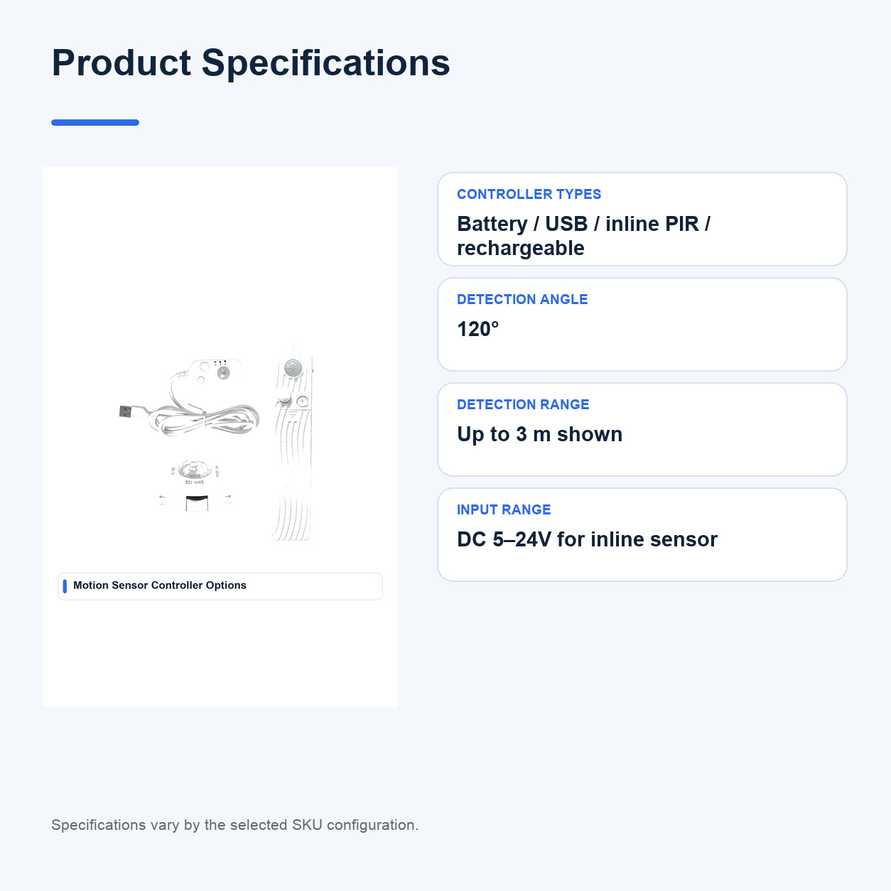 Product specifications for USB Low-voltage Motion sensor controllers