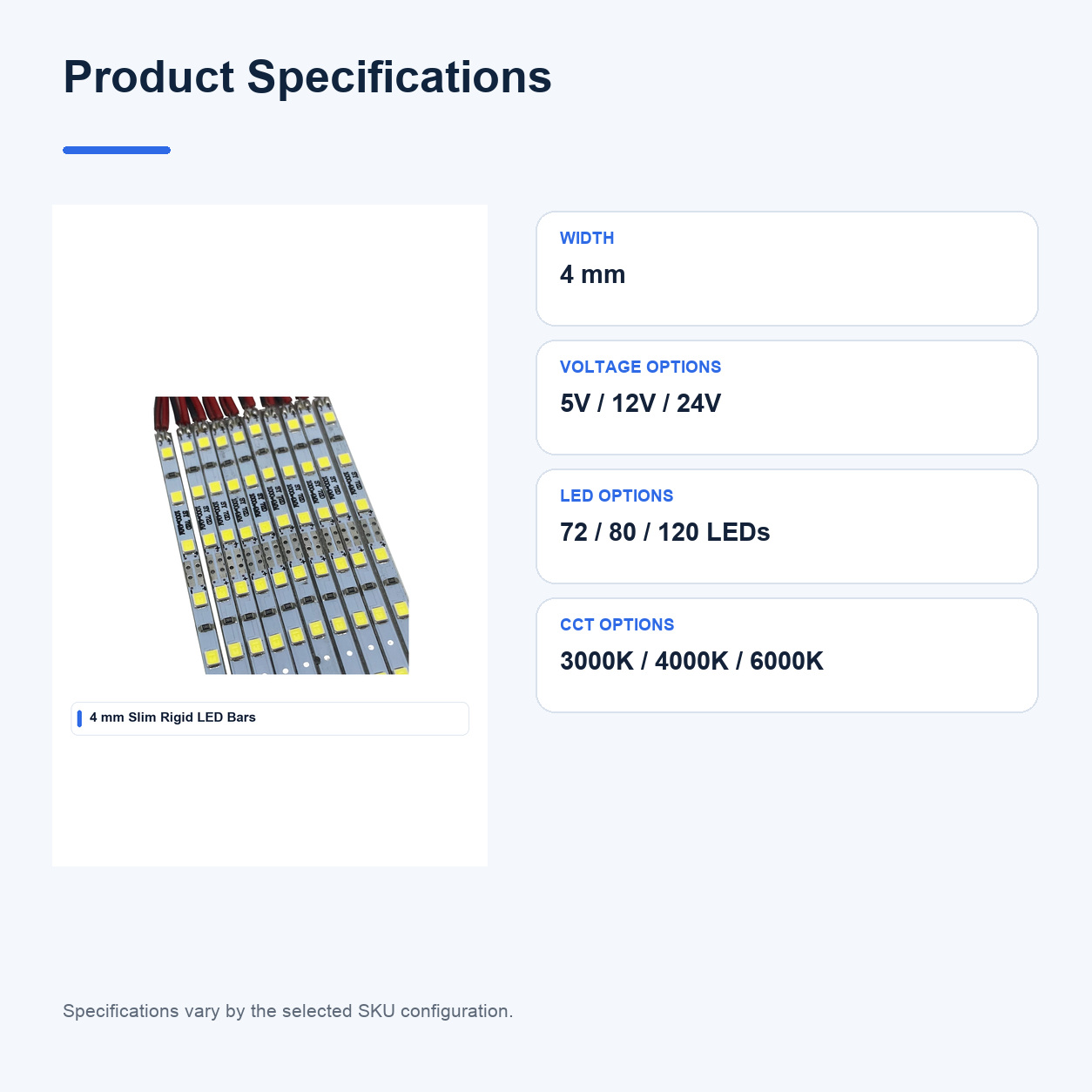 Product specifications for 4MM Slim Rigid LED bars