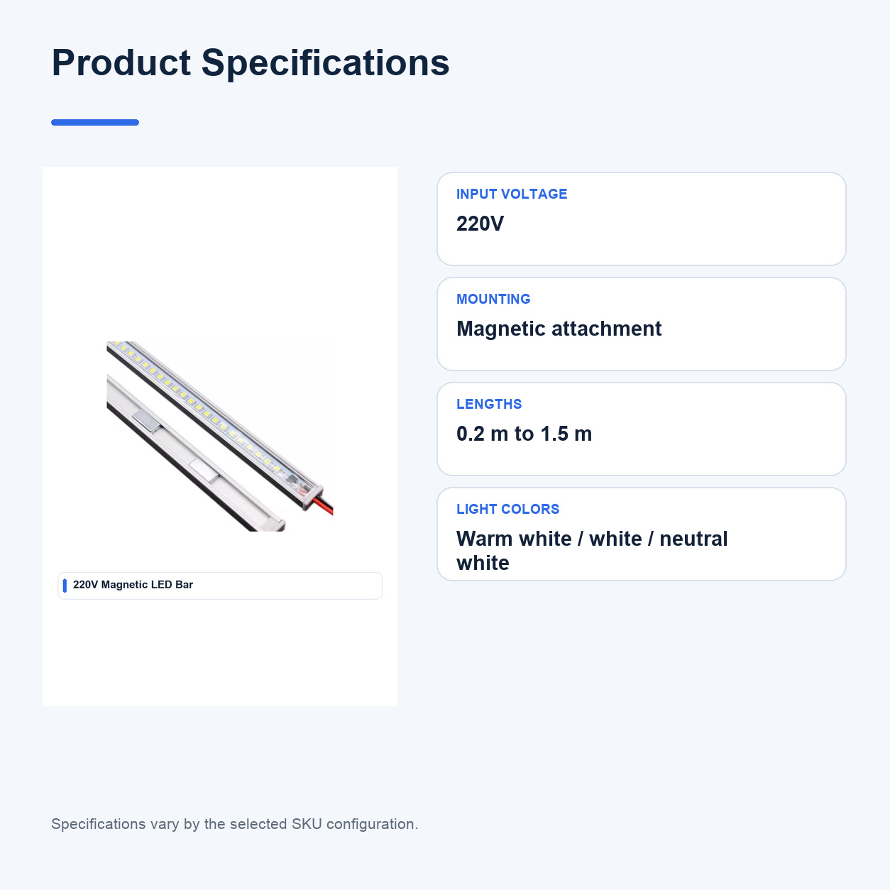 Product specifications for Magnetic High-voltage Rigid LED bars