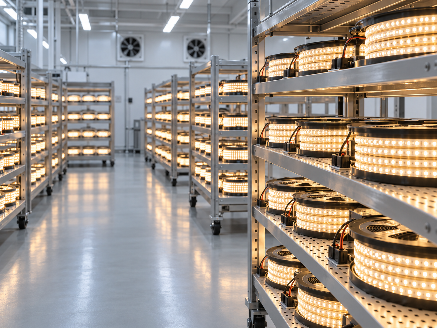 Illuminated LED strips undergoing an aging review