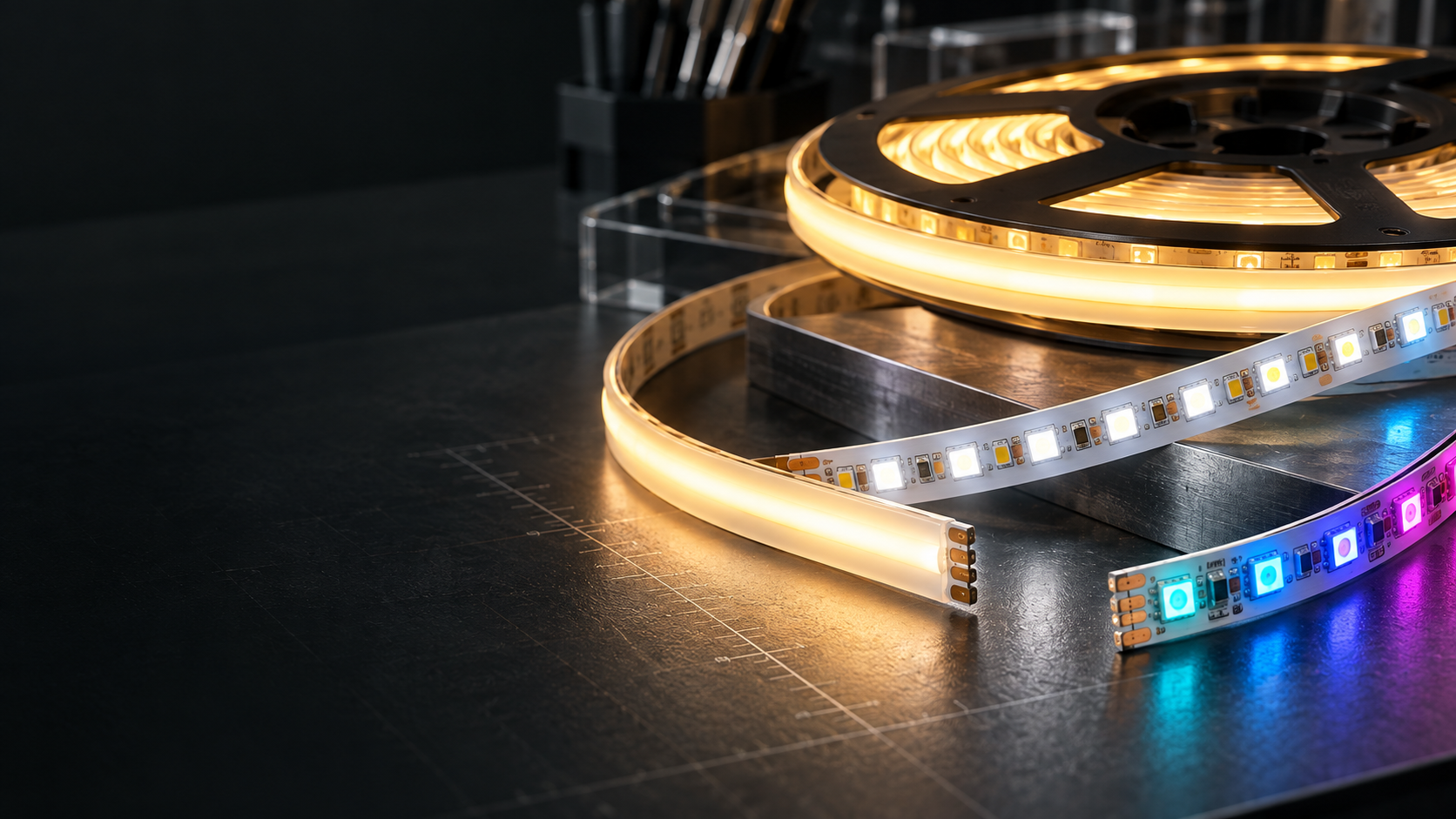 LED strips in warm white, cool white and RGB on a workbench